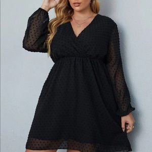 Black plus size Swiss dot surplice dress